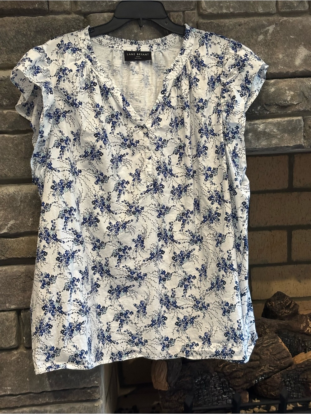 Lane Bryant White & Blue Floral V-Neck Blouse